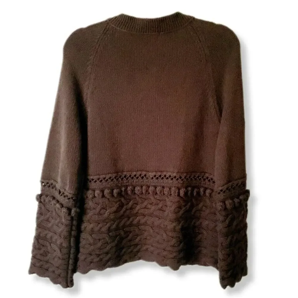 Women Brown Cardigan Cable Sweater M Twee Dark Cottage Cozy Witchy Granny Scandi